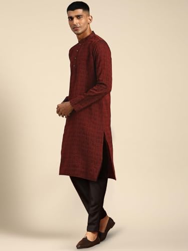 Kisah Mens Kurta, Silk Blend Jacquard Mandarin Collar Long Sleeves, Maroon Ethnic Wear For Men, 44