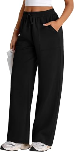 Image of Q - RIOUS Women's Wide Leg High Waisted Baggy Lounge Sweat Pants Drawstring Athletic Flared Joggers with Pockets