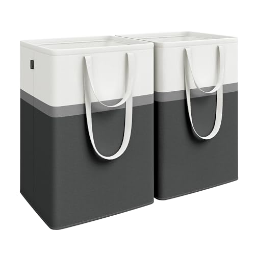SONGMICS Juego de 2 Cestas para Colada, Cestas Plegables para Ropa Sucia 110 L, Bolsa con Asas Cortas y Largas, Fácil de Transportar y Limpiar, para Dormitorio, Baño, Negro Tinta LCB210B01