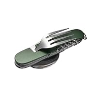 FUZVOL Folding Camping Cutlery Set Stainless Steel Portable Utensil 6 in 1 Multitool Outdoor Tableware for Travel, Hiking, Picnic,Green
