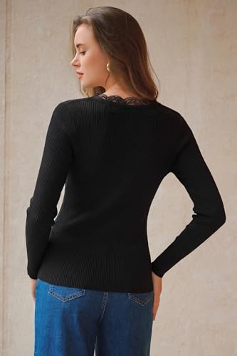Arach&Cloz Women's Cardigan 100% Cotton V Neck Sweaters Date Night Outfit Lace Trim Ribbed Long Sleeve Going Out Tops Fitted Button Down Spring Summer Valentines Day Cute Trendy Clothes 2026 Black XL — view 6