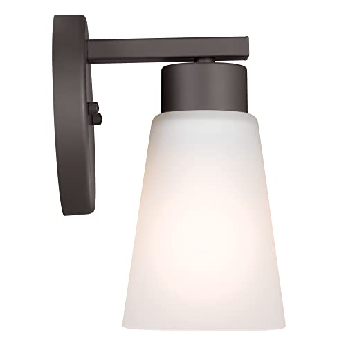 Image of Kichler Stamos Wall Sconce 1-Light with Satin Etched Glass, Modern Bathroom or Hallway Light in Olde Bronze, (8 inch H x 5 inch W x 6 inch D)