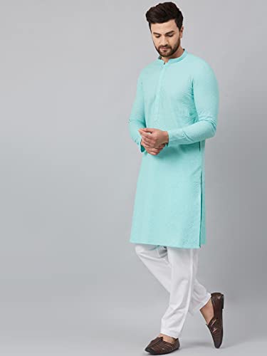 Image of See Designs Lime Green Green Chikankari Embroidered Woven Design Straight Kurta With Pyjama