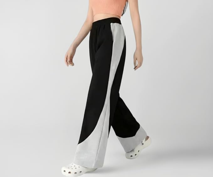 Women's Wide Leg Colorblock Track Pants, Mid Rise, Polycotton, Loose Fit, Elastic Waistband, Side Pockets, Casual Lounge and Gym Wear-picture-41