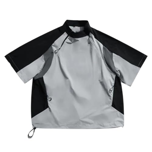 Mens Black Gray Color Block T-Shirt Mountain Style Short Sleeve Training Jersey Zipper Pullover