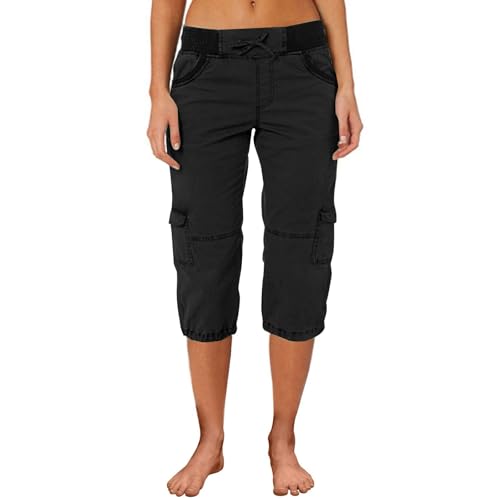 Pantalones cargo para mujer, de algodón y lino, pantalones capri con cordón, cintura baja, pierna recta, holgados, cómodos, pantalones de 3/4 de longitud, transpirables, ligeros, para senderismo