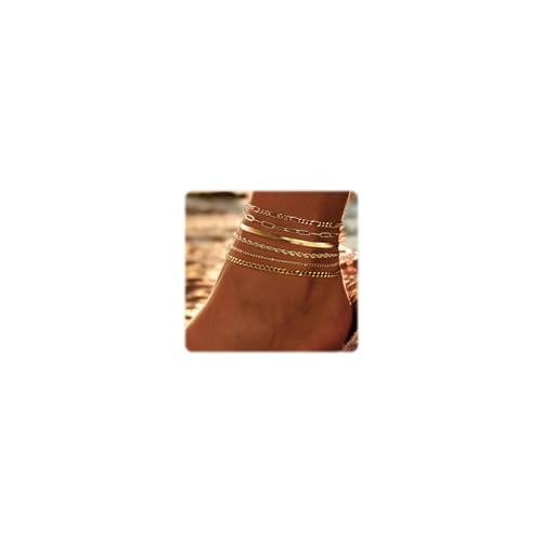 VIROMY Ankle Bracelets for Women Gold Stackable Anklets,14k Gold Plated Waterproof Layered Beads Herringbone Cuba Paper Clip Chain Figaro Link Anklets Set Jewelry Gifts Adjustable Size -  V-AK-05-6Layer A-Gold