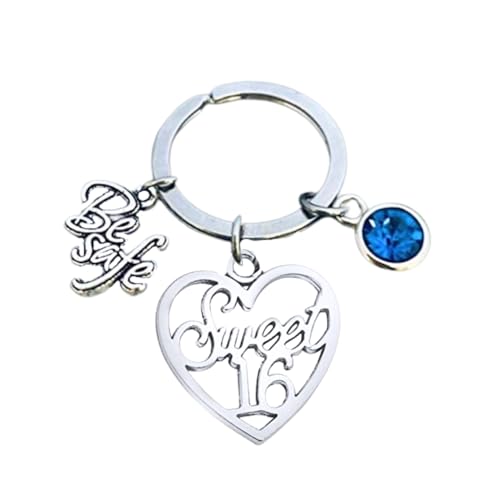 Sweet 16 Keychain with Be Safe Charm and Birthstone – Heart Shaped Stainless Steel Gift for Teen Girls, Daughter, Niece, Granddaughter, or Best Friend
