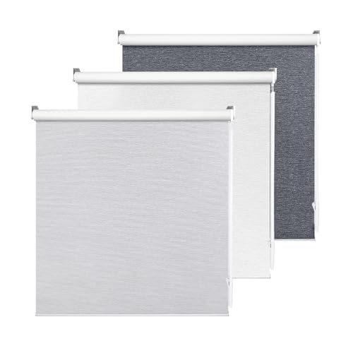 ALLBRIGHT 100% Blackout Roller Blinds Woven Shades with Striped Jacquard, Cordless Window Shades, UV Protection Fabric, Easy-Install for Indoor Home & Office, Grey, 26' W x 72' H