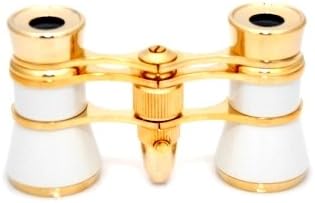 3x25 White Opera Glasses with Red Reading LED Flashlight / Theater Binoculars / with Gold Trim