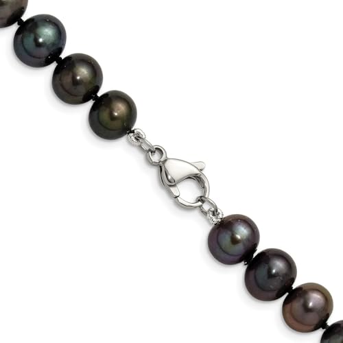 Stainless Steel Polished 9-10mm Hand Knotted Black Round Freshwater Cultured Pearl Chain Necklace 24"3