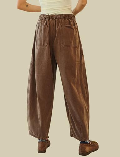 InterNos Women's Trendy Barrel Pants Wide Leg Mid Waisted Trousers Adjustable Drawstring Baggy Pants with Pockets2