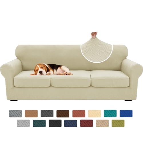 XINEAGE New 4 Pieces Extra Large Couch Covers for 3 Cushion Sofa Super Stretch Sofa Cover for 3 Large Seat Cushion Universal Slip Cover for Living Room (Light Beige), 91"-110"(3 Cushions)