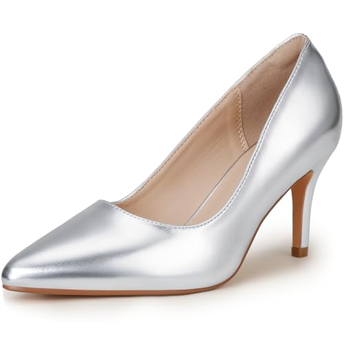 IDIFU Silver High Heels Pumps Closed Toe Heels Women's Pumps Stiletto Pointed Toe Dress Shoes Wedding Prom Bridal Work Office Bride Trendy Dressy Comfortable Classic Pumps Shoes(Silver PU,8)