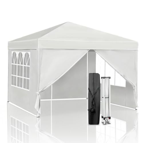 Image of 10x10 White Pop Up Canopy Tent 4 Sidewalls Height Adjustable Portable Gazebo One-Push Setup with Wheeled Bag for Summer Weddings, Backyard BBQ, Beach Camping, Poolside Parties