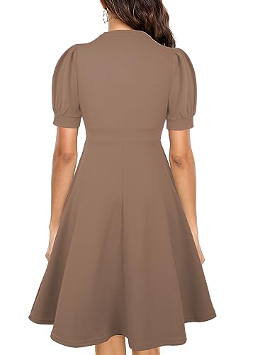 Image of Mokayee Womens Summer Short Puff Sleeve Casual Semi-Formal Fit and Flare Church Wedding Guest Work Dresses with Pockets