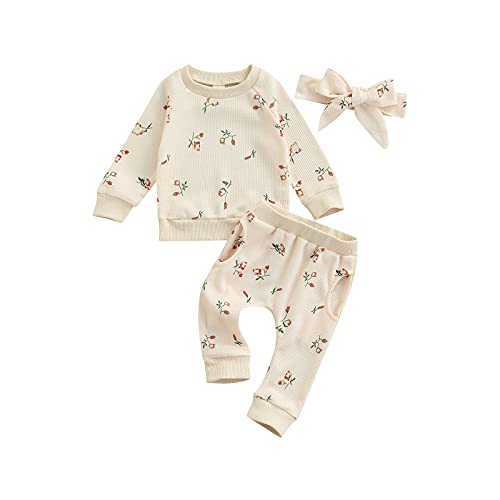 Image of COORALLY Infant Baby Girl Flower Print Pullover Sweatshirt Tops Pocket Pants Headband Fall Winter Outfits (B-Beige, 6-12 Months)
