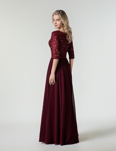 Women's Elegant A-Line Sequin Mother of Bride Dress Crew Neck Empire Waist Half Sleeve Chiffon Formal Dress4
