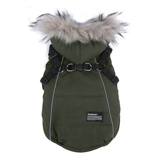 ISUPY 犬 服 ダウンベスト風ジャケット 冬 ペット服 かわいい おしゃれ 裏ボア ハーネス 洋服 ドッグウェア パーカー フード付き 防寒 防風 暖かい 厚手 小型犬 中型犬 コート お出かけ 散歩 綿服 (M,グリーン)