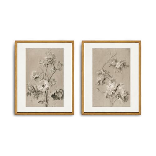 Roslynity Framed Canvas Wall Art Vintage Print Set of 2 Neutral Floral Paintings Muted Botanical Blossoms Drawings Retro Aesthetic Artwork for Home Living Room Bathroom Wall Decor (8