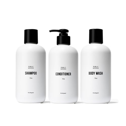 Public Goods Shower Essentials for Men and Women | Natural Shampoo, Conditioner & Body Wash | Made with Organic Essential Oils | Sulfate & Paraben Free | Vegan Friendly | 12 Fl Oz Bottles