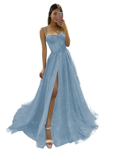 Generic Tüll-Abschlussballkleider Lange Glitzer-Spaghetti-Träger Partykleid Sweetheart A-Linie Formale Abendballkleider mit Schlitz Dusty Blue L