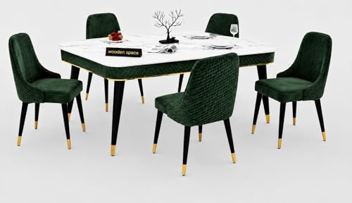 Image of WOODEN SPACE 6-Seater Wooden Dining Table Set | Nano Composite Marble Top | Solid Wood Base | Modern Dining Room Furniture with 6 Chairs (Dark Green Modern Vento)