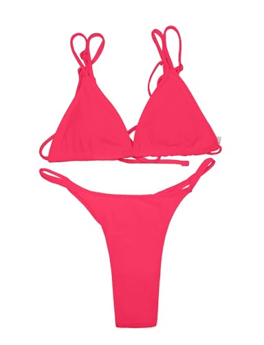 Image of Women's Sexy Thong Bottom Two Piece Bikini Double Shoulder Straps Cute Swimsuit Triangle Bathing Suit