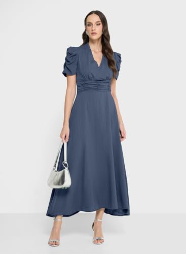 Image of Sugathari Women Women's V-Neck Maxi Dress, A-Line Style, Puff Sleeves, Cinched Waist 246