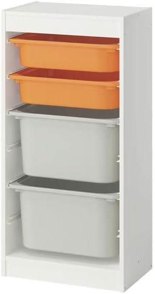 Storage Combination with Boxes, White Vertical Storage Organizer with Multi-Color Boxes, Space-Saving Unit for Bedroom, Office or Playroom, Orange and Gray, 11.75 x 18.1 x 37 Inches
