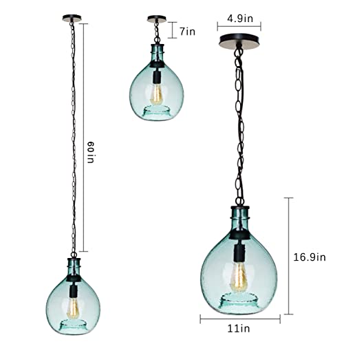 CASAMOTION Pendant Lighting Kitchen Island Hand Bown Glass Ceiling Hanging Light Fixtures Vintage Rustic Modern Farmhouse Globe Over Dining Room Table Hallway Recycled Green Color 11 Inch Diam - Image 6