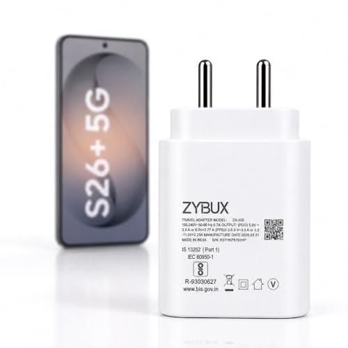 Image of Zybux 25W Type-C SuperFast Charger Adapter Compatible with Samsung Galaxy S26 Plus,S26, S25, S24, Ultra, USB C PD Wall Charging Adaptor for Android Smart Phone, White, Safe Reliable Compact Design