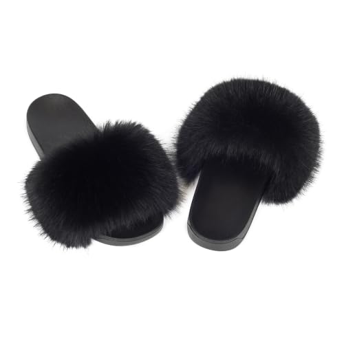 Image of Women's Faux Fur Slides Slippers Fluffy Fuzzy Sandals Open Toe Furry Slide Flip Flop Indoor Outdoor