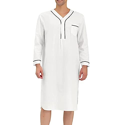 Generic T-541 White Man Long Collared Vneck Neck Top T Shirts Pajamas Night Gowns for Mens Muslim Button Down 2024 Clothing Fashion Country Concert 3XL