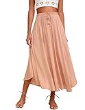 Zeagoo Womens High Waist Long Skirts Elastic Casual Midi Dress Solid Color Swing Midi Skirt Pink