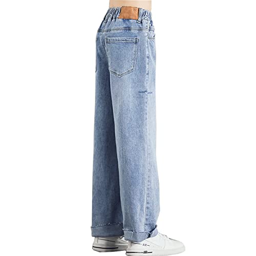 Yayabroe Kids Girls Ripped Jeans Washed Elastic Waist Wide Leg Baggy Pants Size 5-14 Years (Light Blue, 7-8 Years) #TOP1