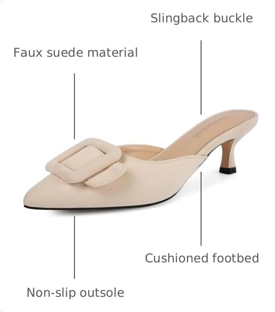 Image of Fericzot Mule Slippers for Women,Slingback Buckle Pumps Pointed Toe Kitten Heels Shoes Slides Backless Dress Sandals
