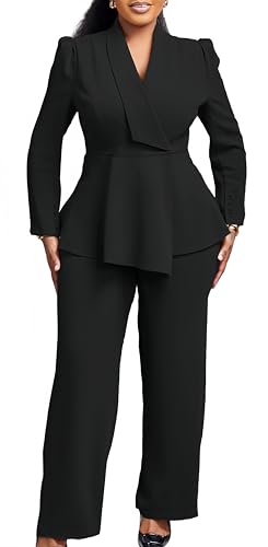 Women Suit Jacket 2 Piece Ruffle Blazer with Wide Leg Pants Suit Long Sleeve Business Casual Outfits