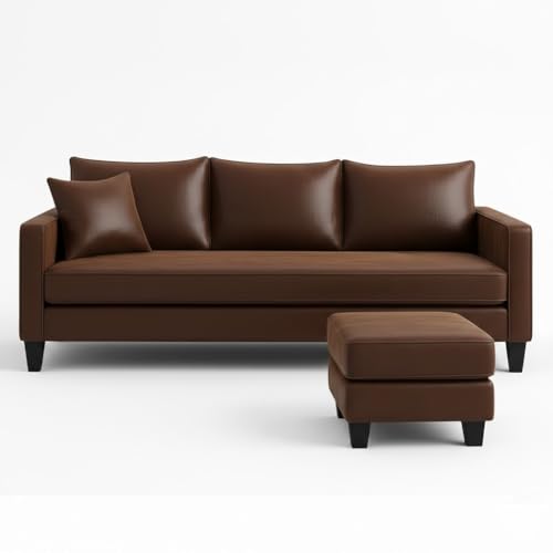 Image of FURNY Conva 4 Seater L Shape Sofa Set with Movable Ottoman | Flexible Left or Right Layout | Premium Leatherette Upholstery (Dark Brown) | Perfect for Living Room, Guest Room & Office