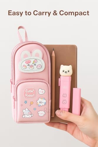 Image of Kawaii Cute Rabbit Pencil Pouch for Kids with Cute Cat Eraser Set | 6-Layer Multi-Pocket Pen Bag for Girls | School Stationery Kit Combo | Cute Bunny Design Pink Pouch