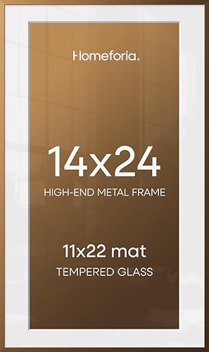 Image of Homeforia 14x24 Picture Frame Bronze, High End Metal 14x24 Brass Poster Frames with Mat 11x22 Photo, 14 x 24 Frame Matted to 11 by 22 inch Print, 24by14 Thin Frames, Tempered Glass, Wall Kit, Set of 2