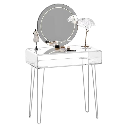 Eglaf Acrylic Vanity Desk - Small Makeup Vanity Table Dressing Table - 31.5'' L x 15.7'' W x 32.1'' H, Large Storage Space, for Bedroom, Dressing Room, Silver Metal Legs
