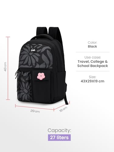 Image of Genie Poetry School Backpack For Girls |17 Inch-27 Litres With Three Compartments, Light Weight with Padded Shoulders |Best for Books, Water Bottles, Stationery, Lunch Box & Essentials - Black