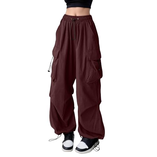 Parachute Pants for Women Teen Girls Baggy Y2K Streetwear Solid Cargo Pants American Retro Loose Fit Casual Wide Leg Trousers