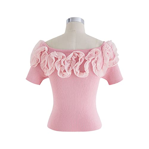 Image of CHICWISH Women's Black /White /Pink Ruffle Mesh Boat Neck Knit Top