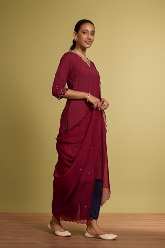 Image of Taneira Women Viscose Embroidered Maroon Kurta Set