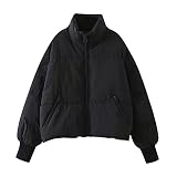 Lapirek Damen Puffer Jacke Kurz Schwarz Beige Winter Warm Gesteppte Dicke Winterjacke Winter Warm Ubergangs Damen-Jacken Outdoor Langarm-Baumwolljacke Jacken füR Damen, L
