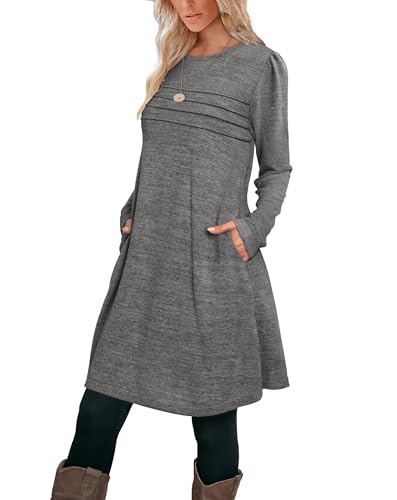 Image of OFEEFAN Womens Long Sleeve Tunic Dress Fall Fashion Sweater Dress with Pockets Pleated Front Casual Winter