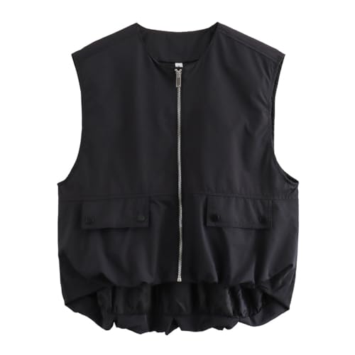 Womens Casual Zip Up Vest Cargo Oversized Ruched Hem Sleeveless Blazer Jackets Tops
