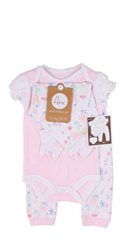 Lila & Jack 4 Piece Layette Set - Bodysuit, Bandanna Bib, Pants, Socks - Baby Girl Newborn Clothing Set - Floral (9-12 Months) Pink